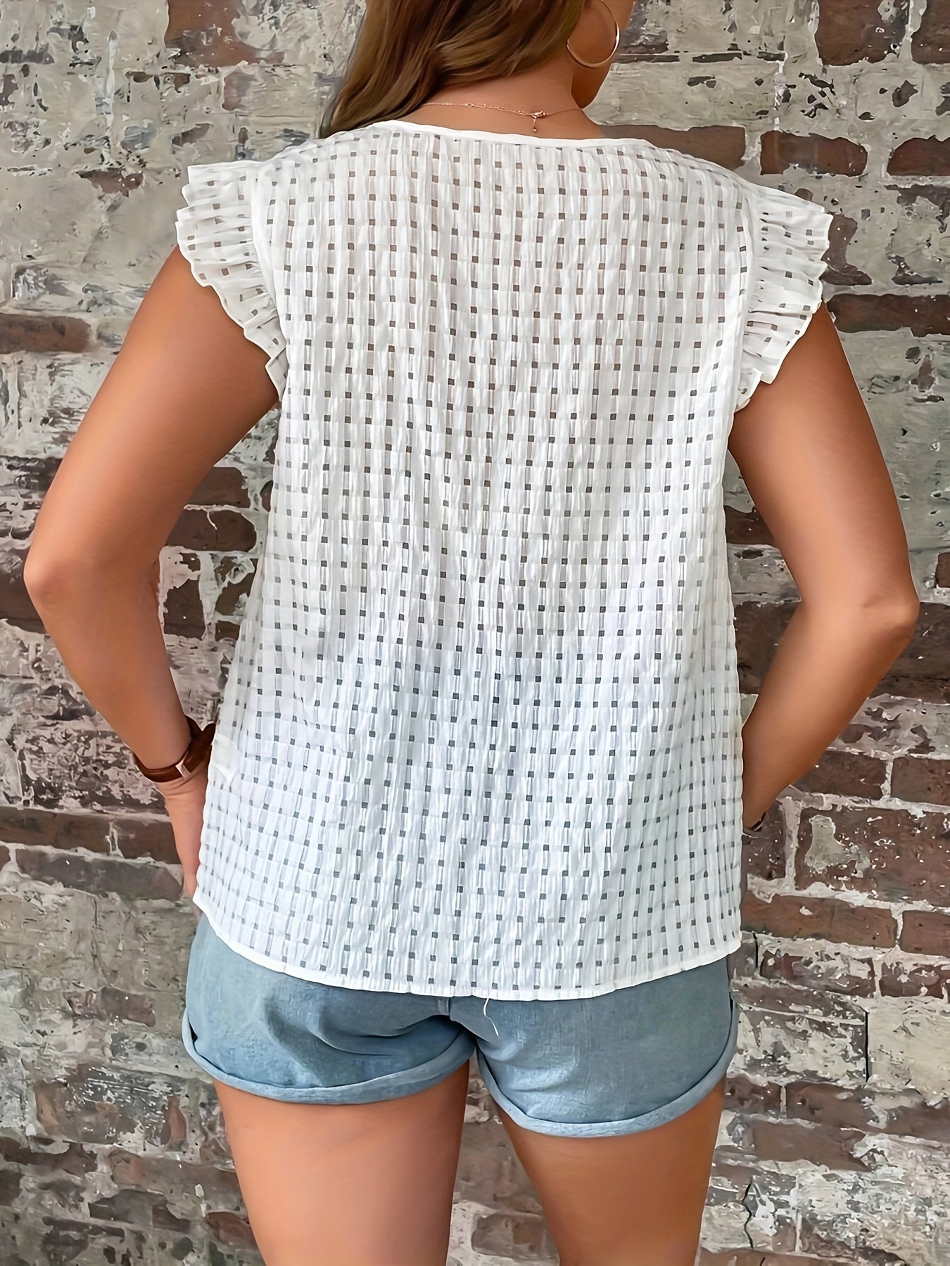 Plus Size Solid Cutout Crew Neck Blouse with Flutter Sleeves for Spring Summer