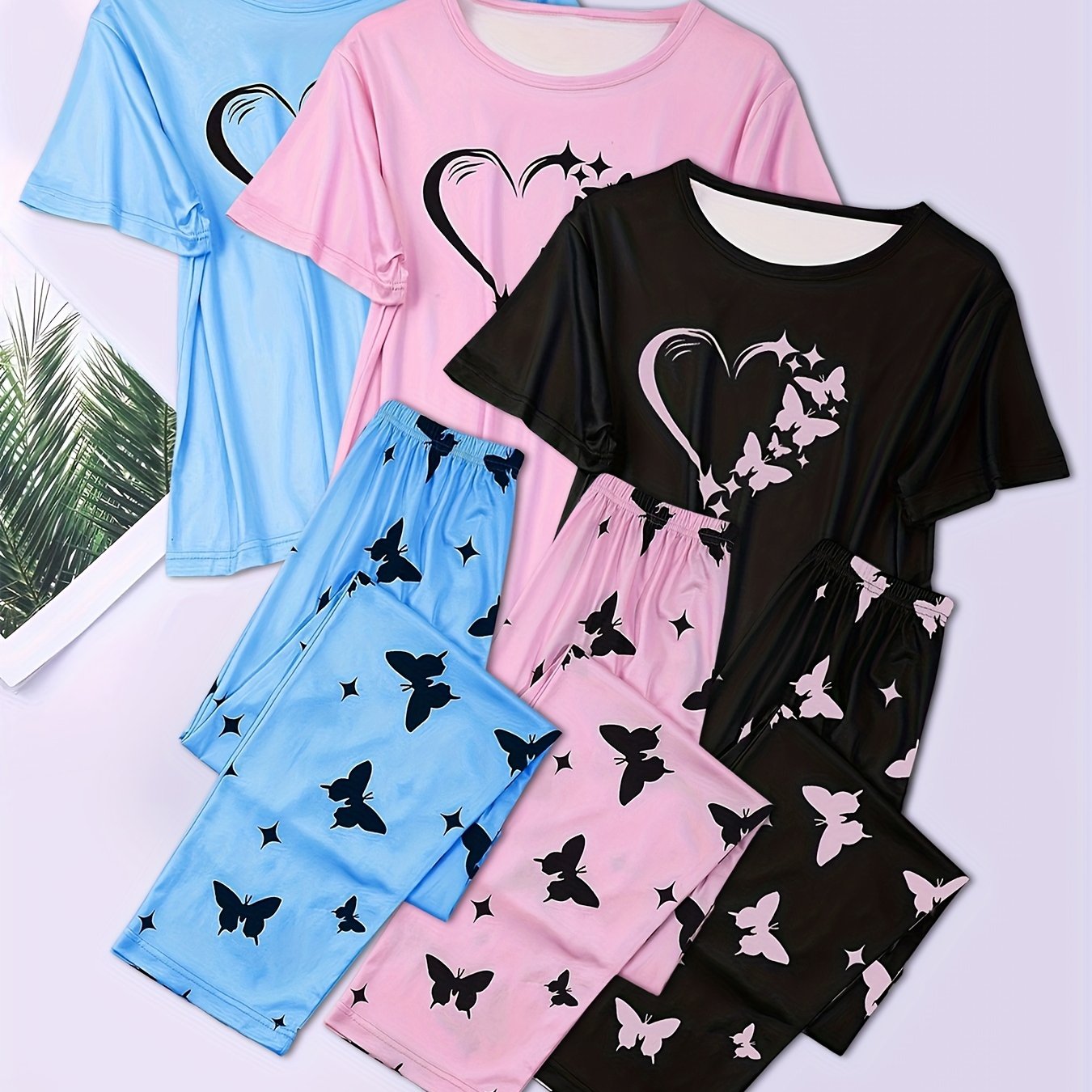 Adult Butterfly Pajama Set Short Sleeve Shorts Casual Knit Polyester Spring Fall