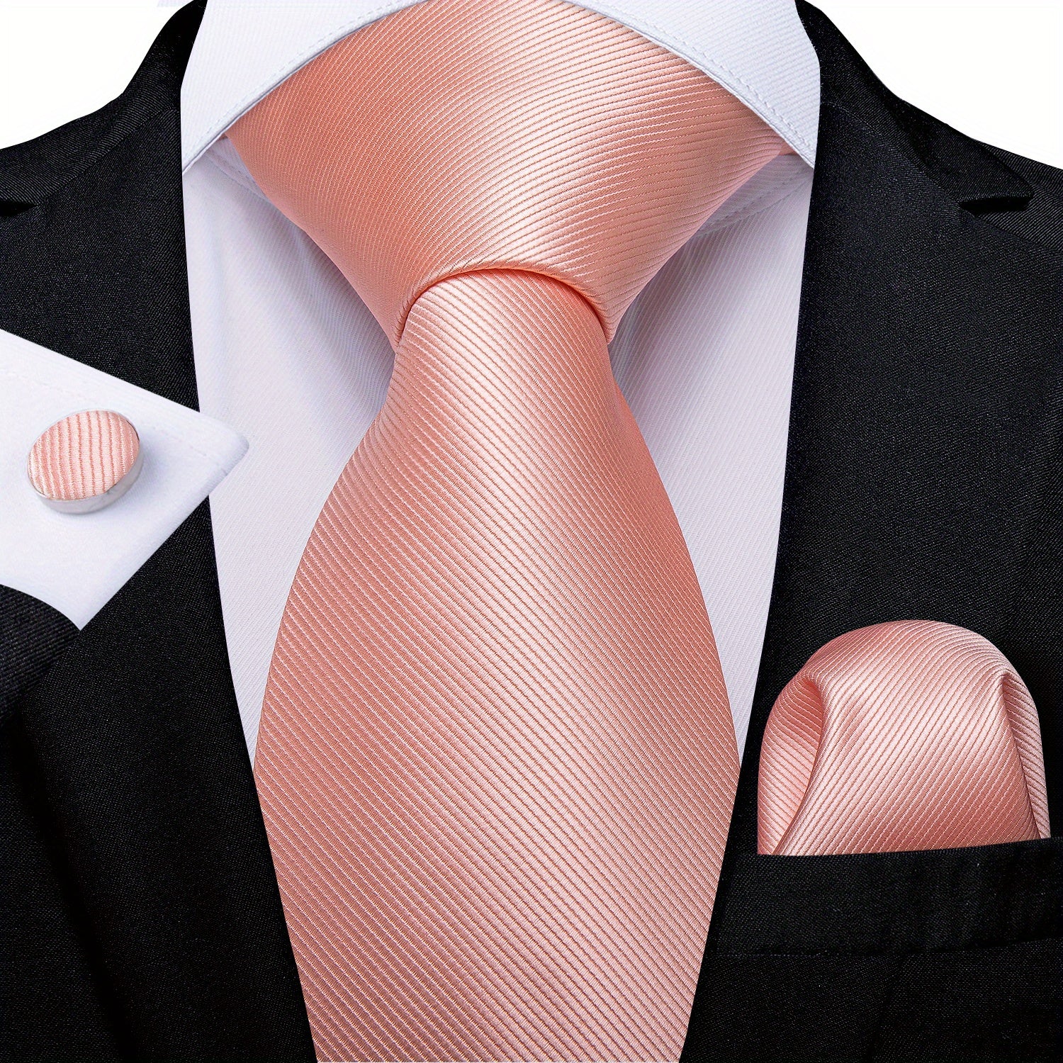 Men's Pink Solid Formal Tie Set with Handkerchief and Cufflinks for Weddings and Business