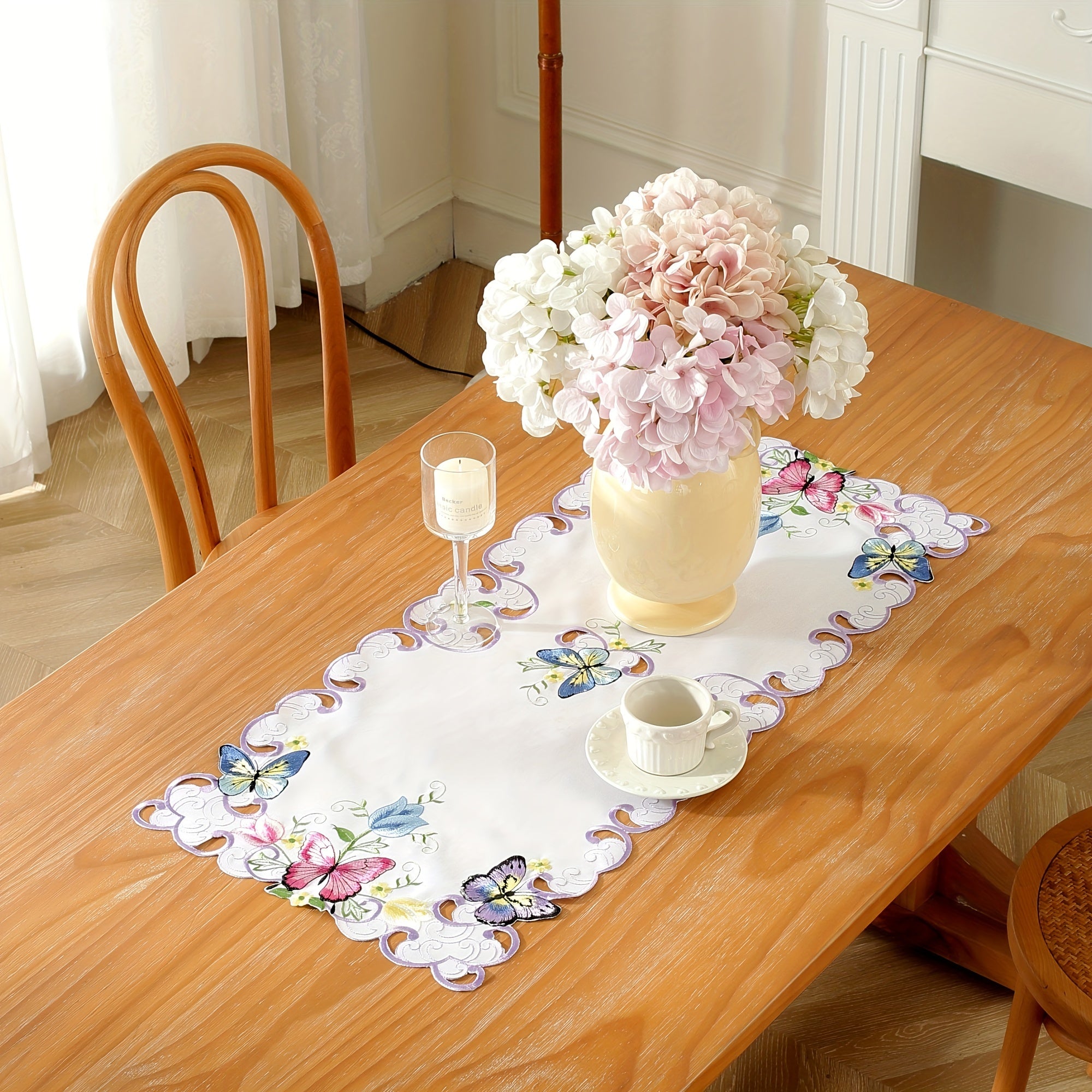 Polyester Table Runner with Butterfly and Flower Embroidery for Home Party Decor