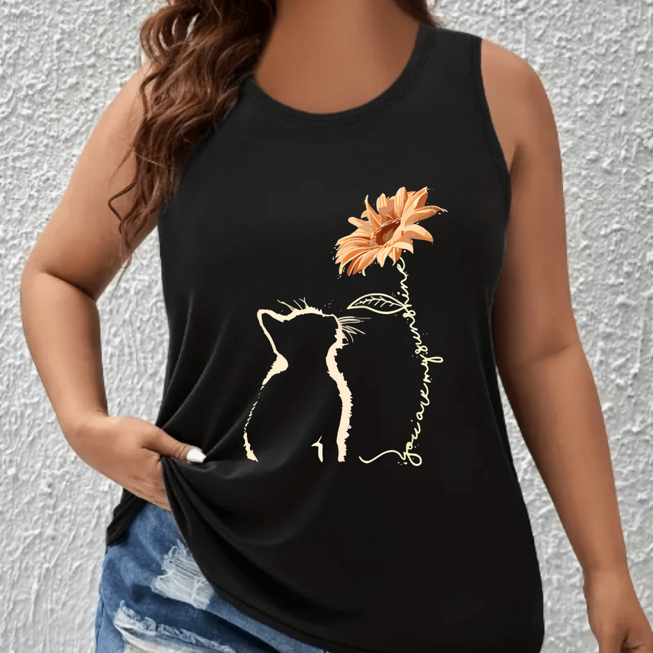 Plus Size Sleeveless Tank Top Women’s Breathable Floral Cat Print Summer Athletic