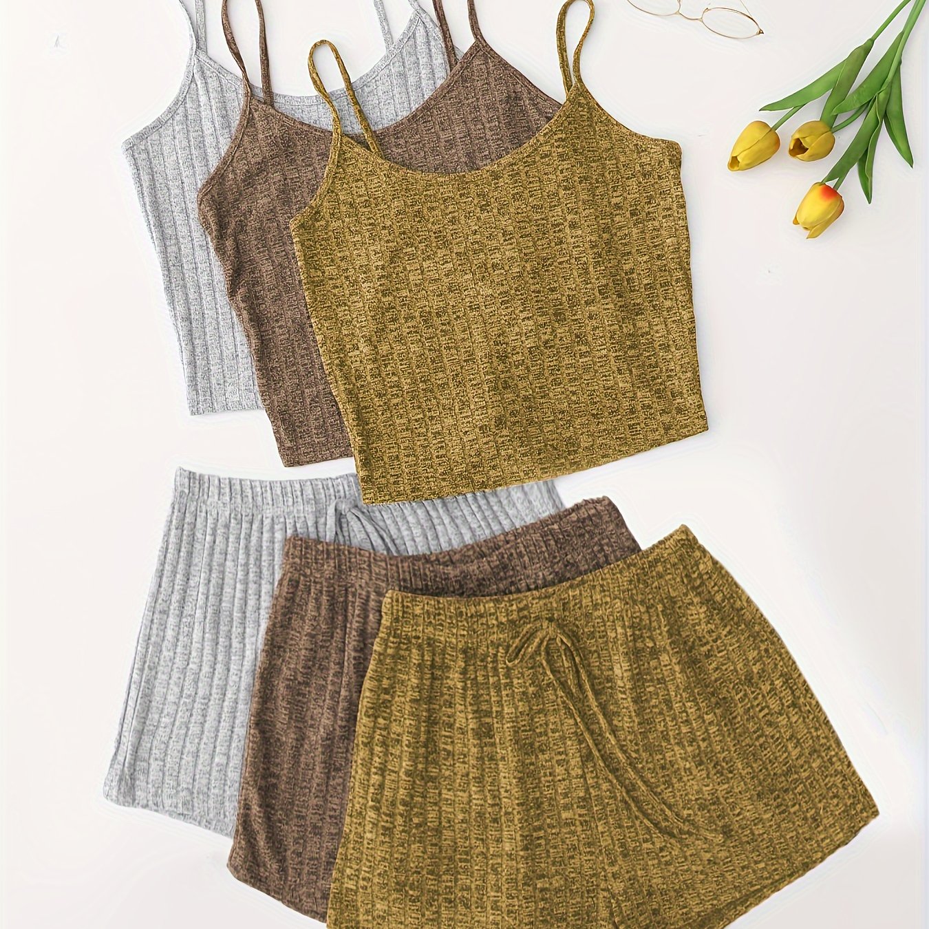 Women's 3-Piece Pajama Set Solid Cami Top Lace-Up Shorts Sleepwear Lounge Wear