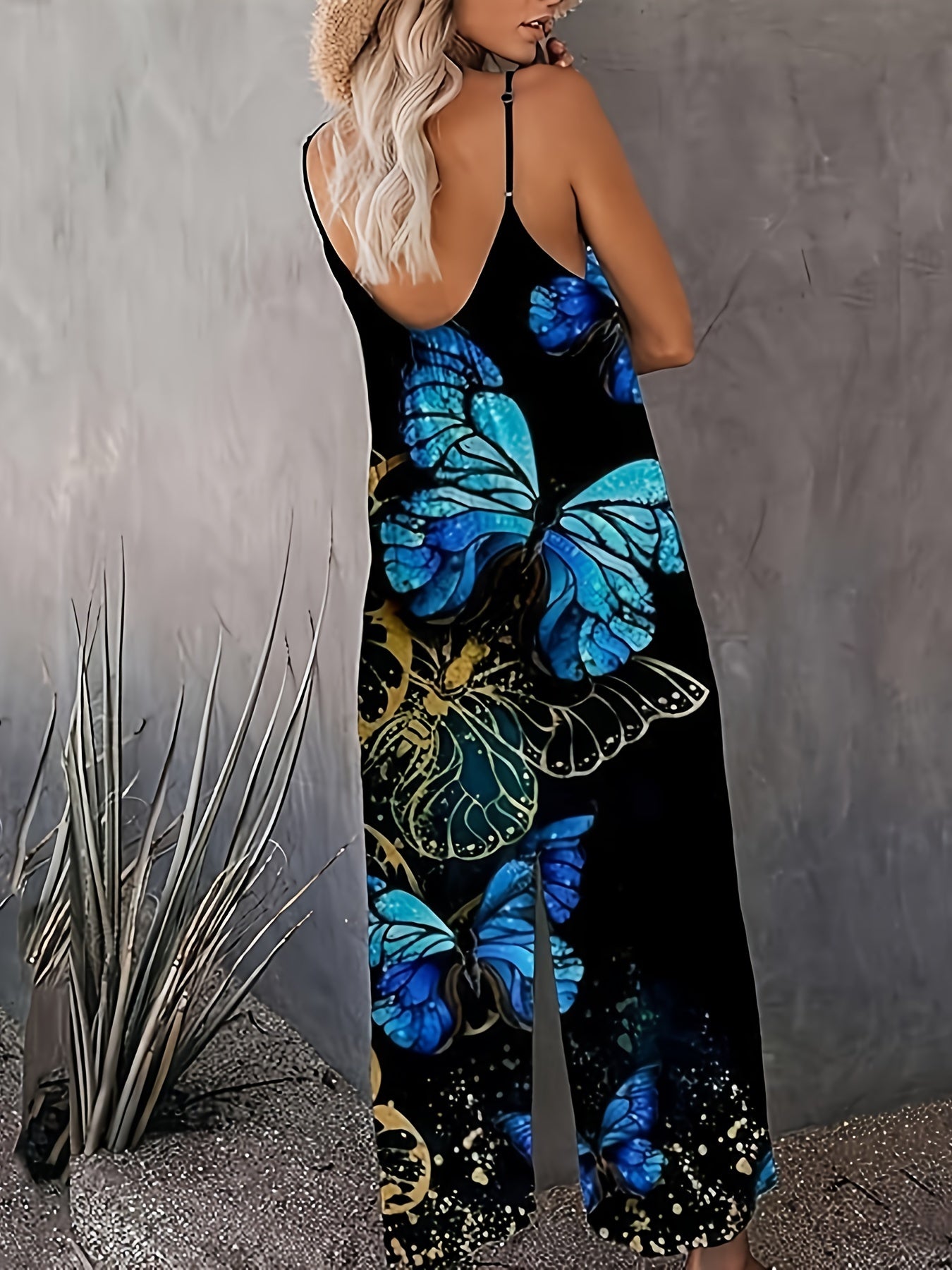 Plus Size Butterfly Print Wide Leg Jumpsuit Casual Sleeveless Romper