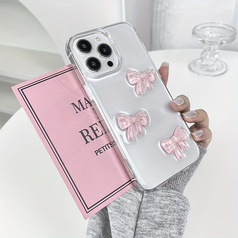 Transparent Acrylic Phone Case for iPhone 11-15 Pro Max with Red Bow and Handmade Drip Glue Design