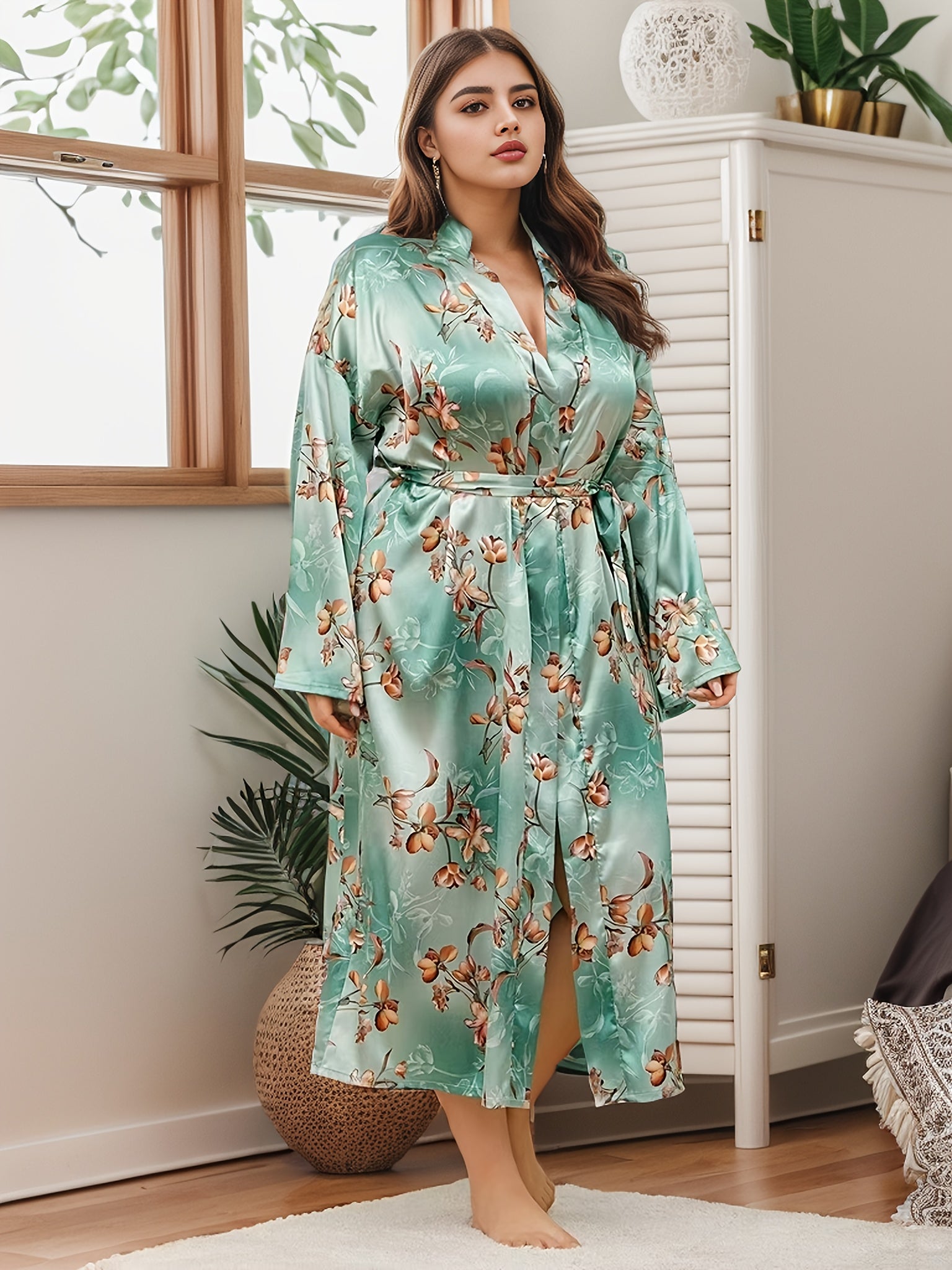 Plus Size Satin Floral Lounge Robe Long Sleeve Open Front Nightgown