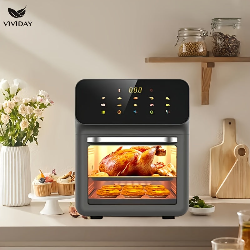 Raqamli sensorli ekran va vizual oynaga ega ko‘p funksiyali havo qovurgich, kichik oshxonalarda pishirish, shashlik qilish, qayta isitish va yog‘siz qovurish uchun ideal.