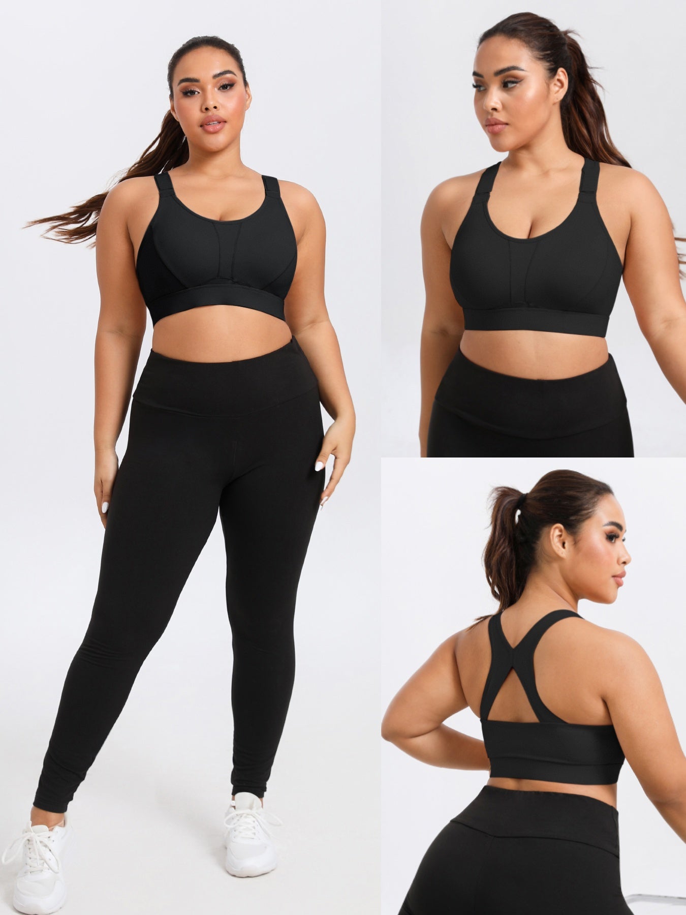 Plus Size Women's Breathable Zipper Yoga Sports Bra Black Activewear Top