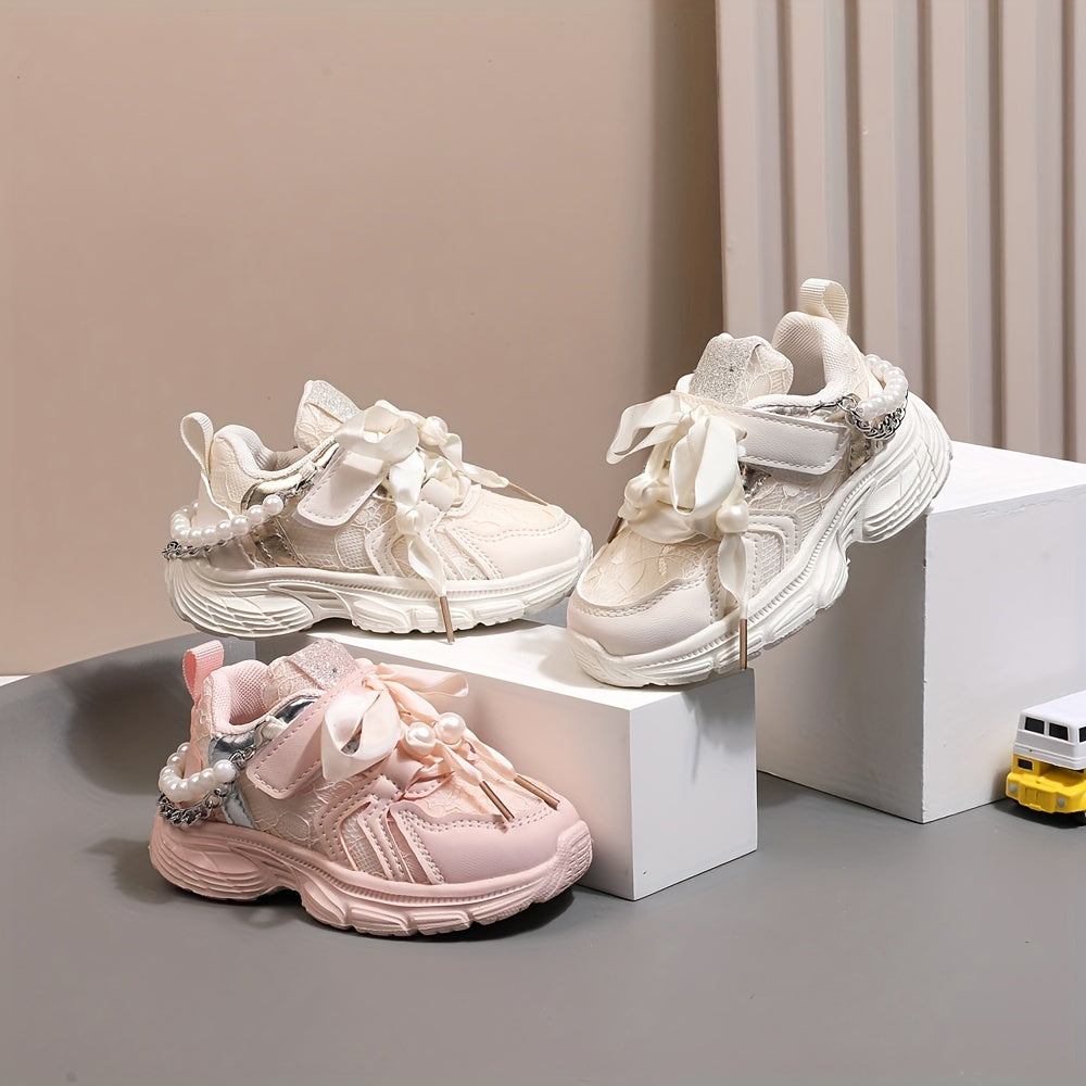 Girls Casual Pearl Chain Low Top Sneakers for Spring and Fall Non-Slip Sport Shoes