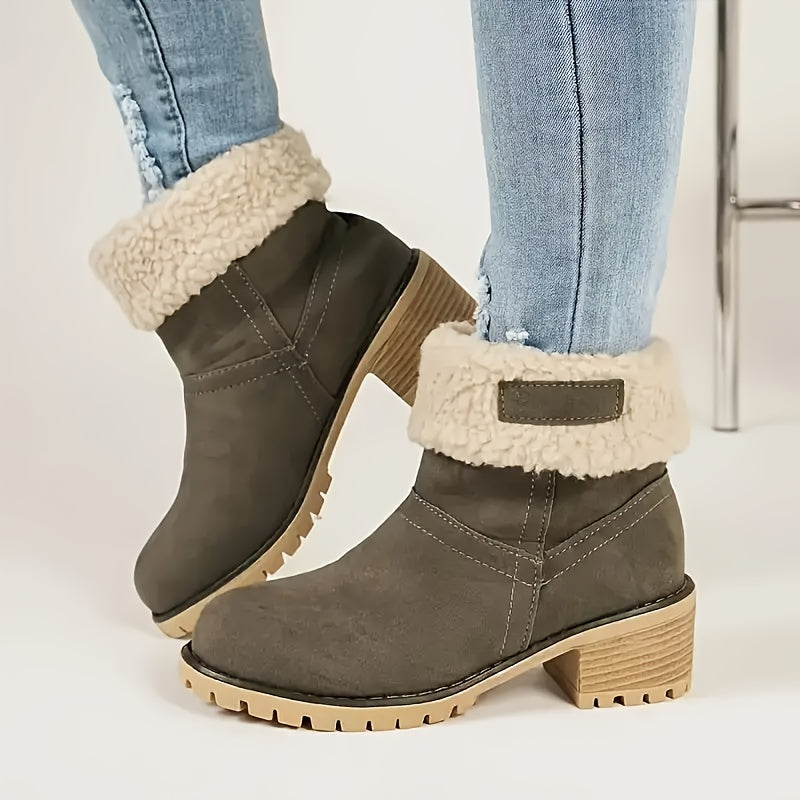 Women's Solid Color Mid Heel Ankle Boots with Faux Fur Trim Slip-On Platform Shoes