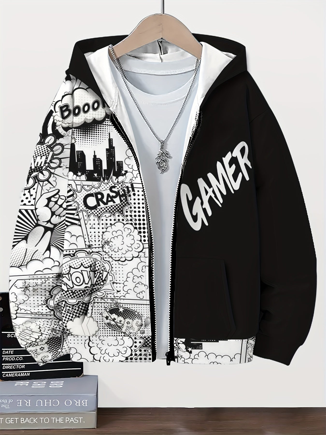 Boys Hoodie Black and White Gamer Graphic Zip-Up with Pockets for Fall Winter Casual Wear