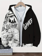 Boys Hoodie Black and White Gamer Graphic Zip-Up with Pockets for Fall Winter Casual Wear