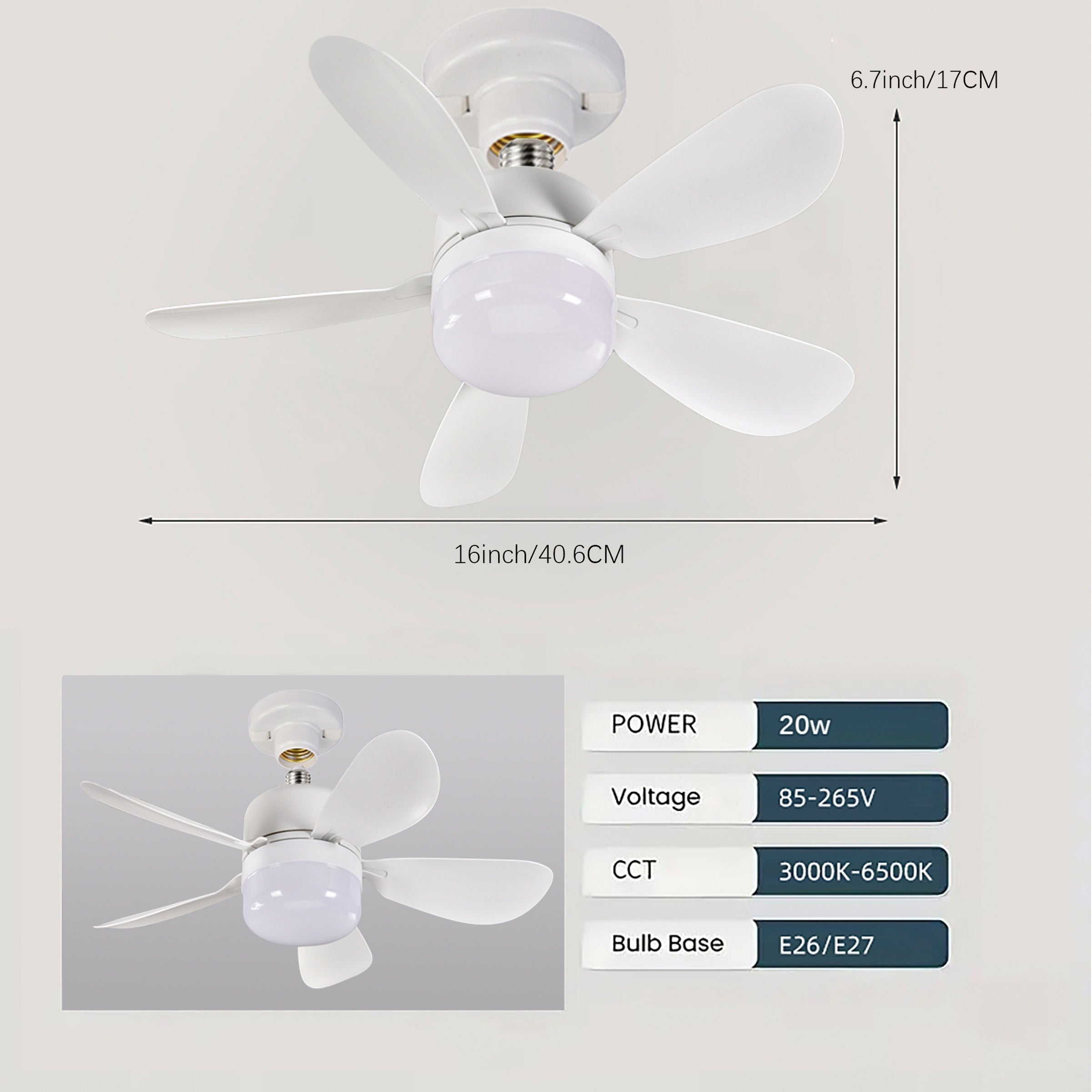 E27 Ceiling Fans with Dimmable LED Lights and Remote Control for Bedroom Kitchen Living Room Balcony