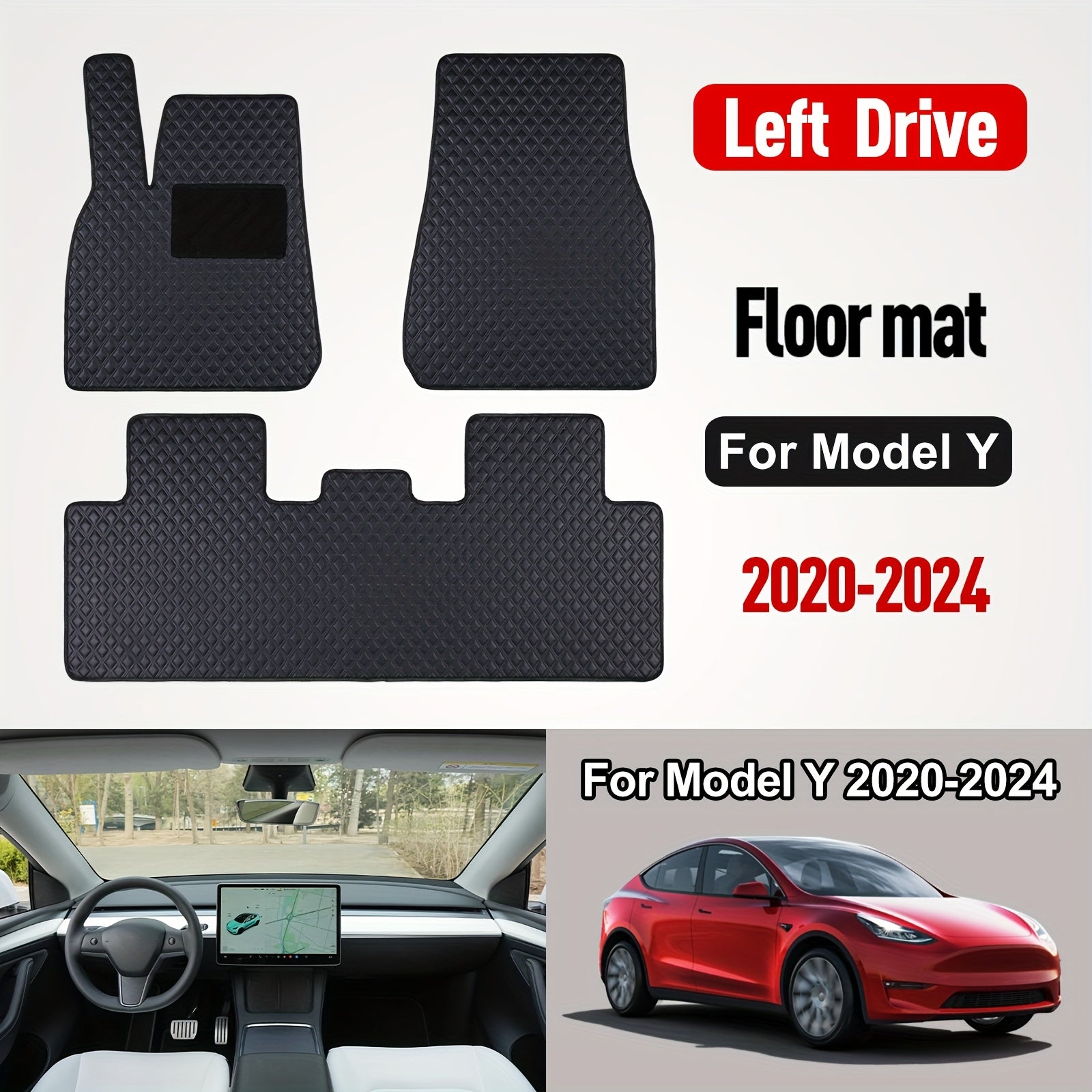 All-Weather Black PU Leather Floor Mats for Tesla Model Y Enhanced Grip
