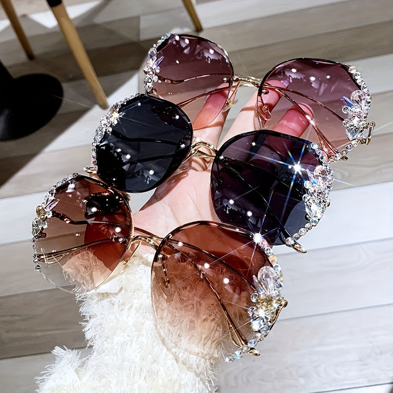 Women's Frameless Gradient Lens Rhinestone Glasses with Bent Legs