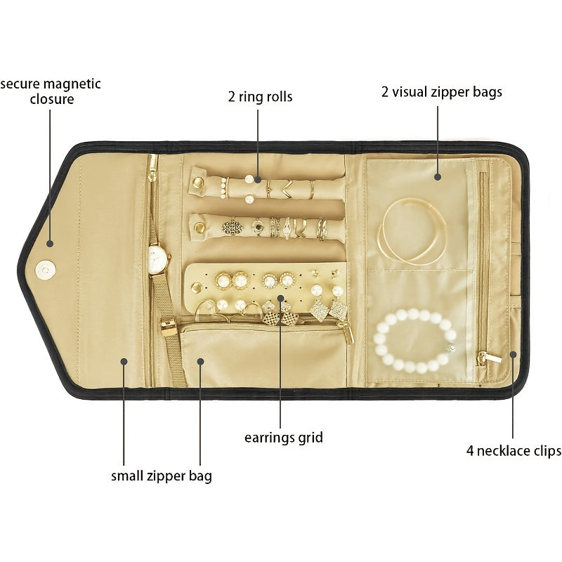 Zargarlik va makiyaj uchun ko'p bo'limli, suv o'tkazmaydigan zamonaviy tashkilotchisi, sayohat va uyda saqlash uchun ideal. Pushti, qora va cyan ranglarda mavjud. Mustahkam polyester materialidan tayyorlangan.
