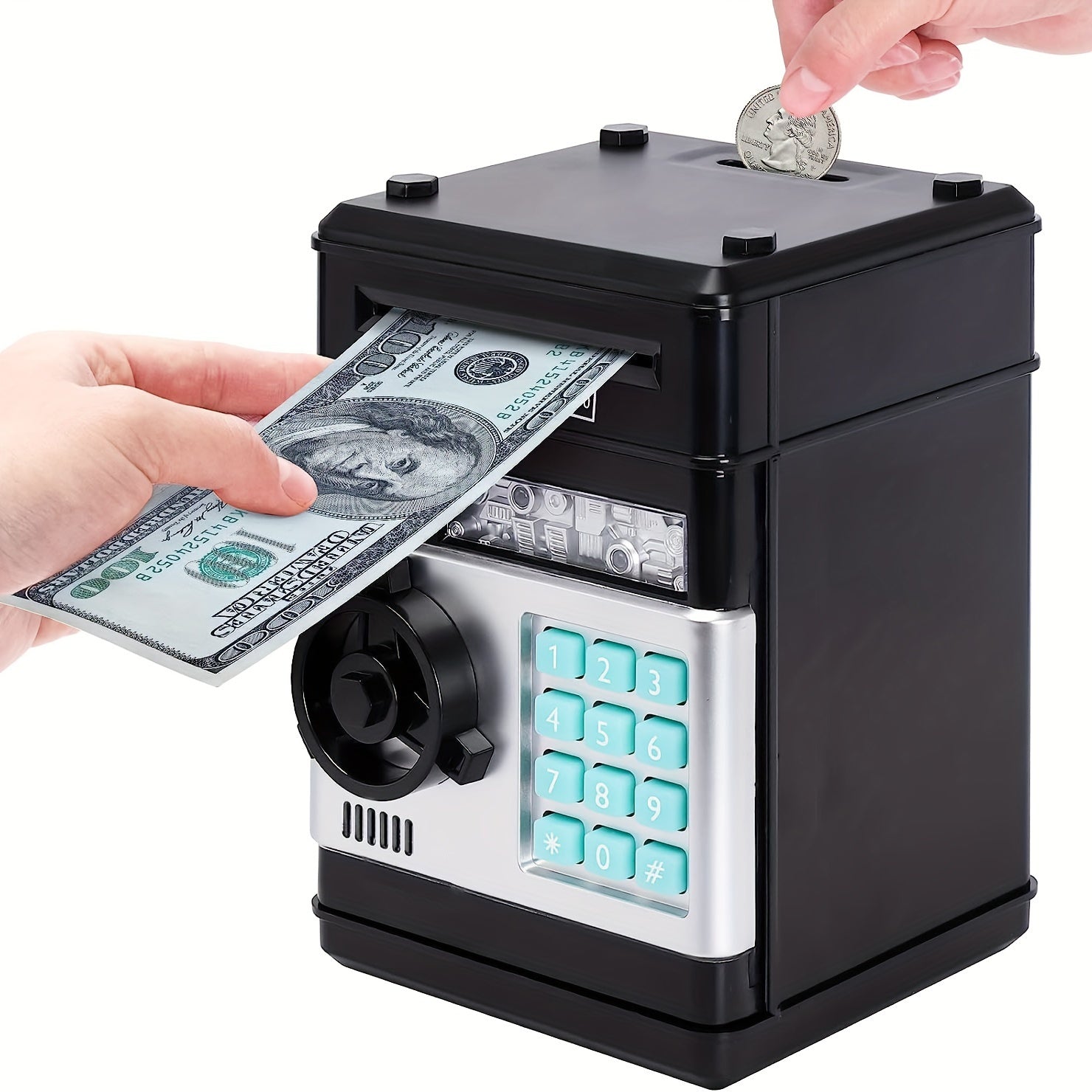 Kids' Toy Piggy Bank with Digital ATM Lock and Coin Storage Black Plastic for Ages 3+