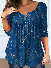 Women's Plus Size Floral Print Ruched V-Neck T-Shirt with Button Details