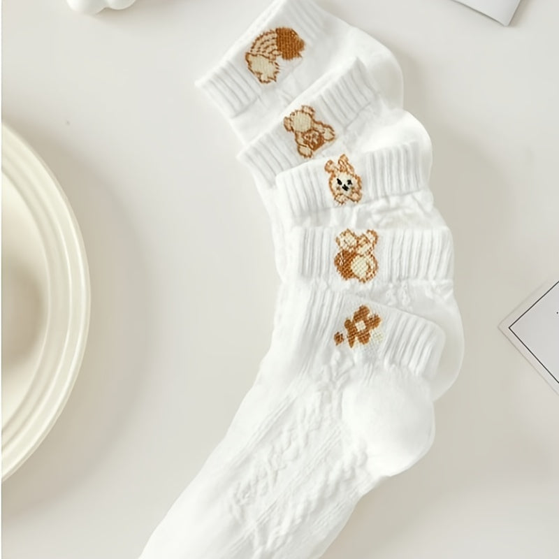 Women’s White Embroidered Low Cut Cotton Socks 5 Pairs Breathable Simple