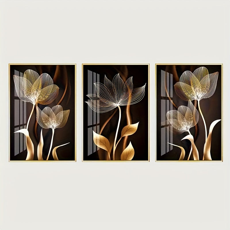 Set of 3 Gold Flower Canvas Wall Art Posters Frameless for Living Room Bedroom Kitchen