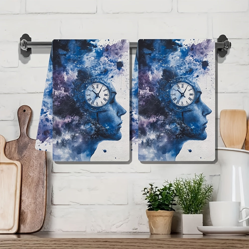 2-Pack Plush Kitchen Towels Cosmic Brain Space Design 16x24 Inches Absorbent