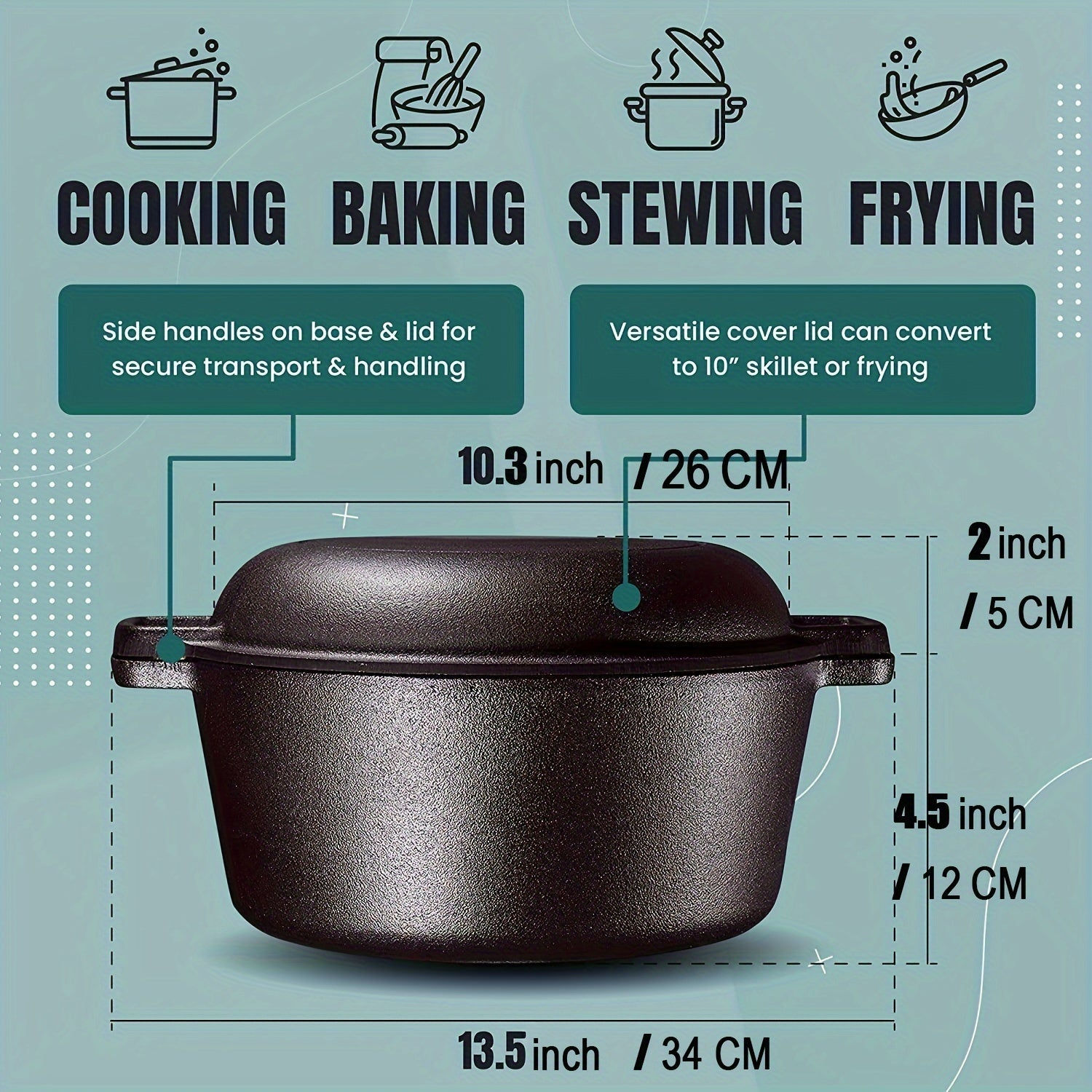 Cast Iron Dutch Oven and Frying Pan Set, 2-in-1 Cooking, Induction Compatible