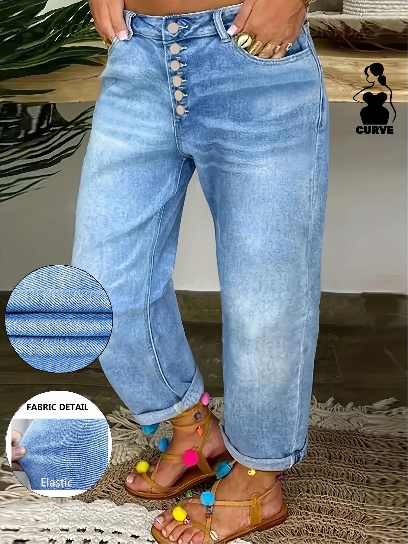 Plus o'lcham ayollar uchun kengaytirilgan denim to'g'ri chiziqli jinsi ko'k rangli kundalik shimlar