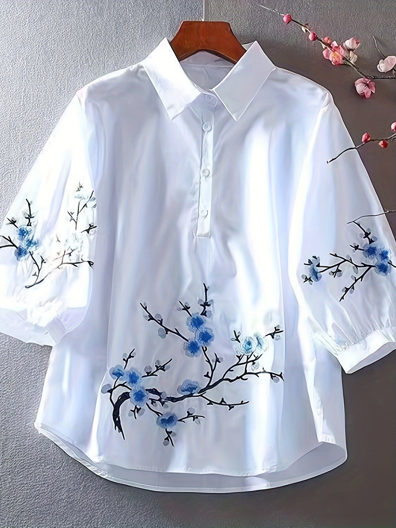Women's White Embroidered Floral Shirt Polyester Woven for Vacation Spring Summer Autumn