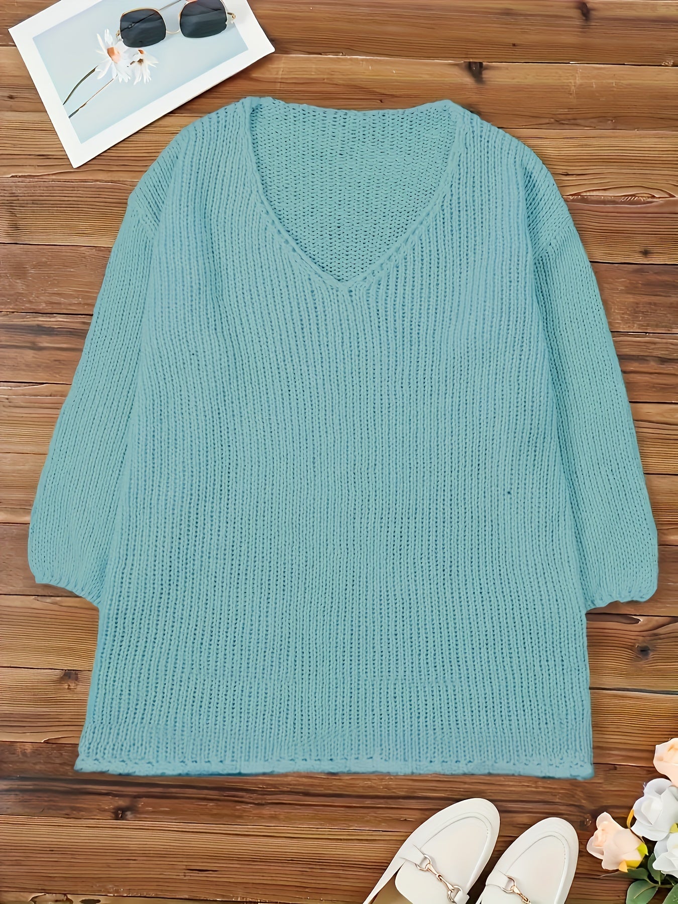 Plus Size Women's V-Neck Ribbed Sweater Light Blue Cozy Fall Winter Pullover