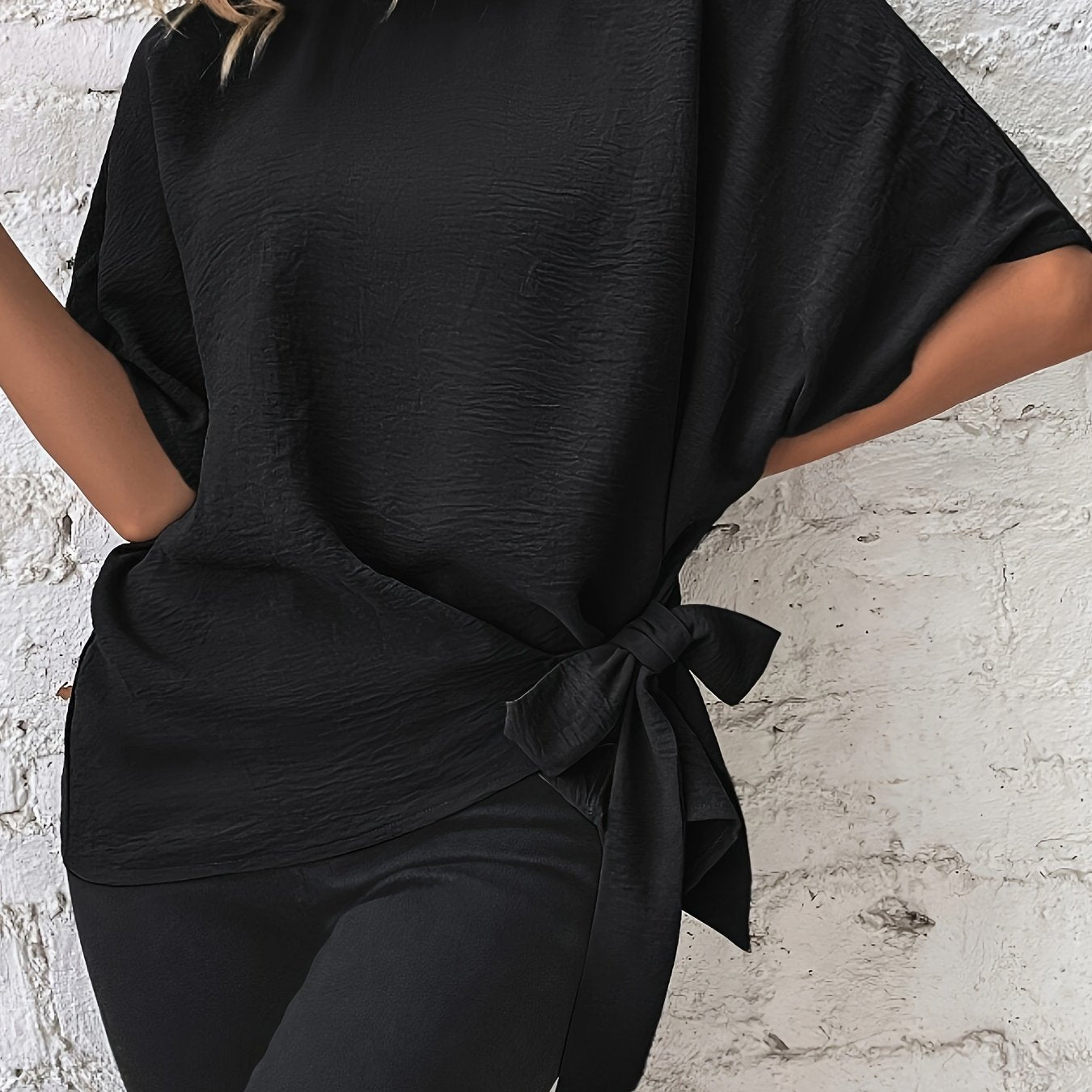 Plus Size Women's Batwing Sleeve Blouse Asymmetrical Knot Casual Shirt