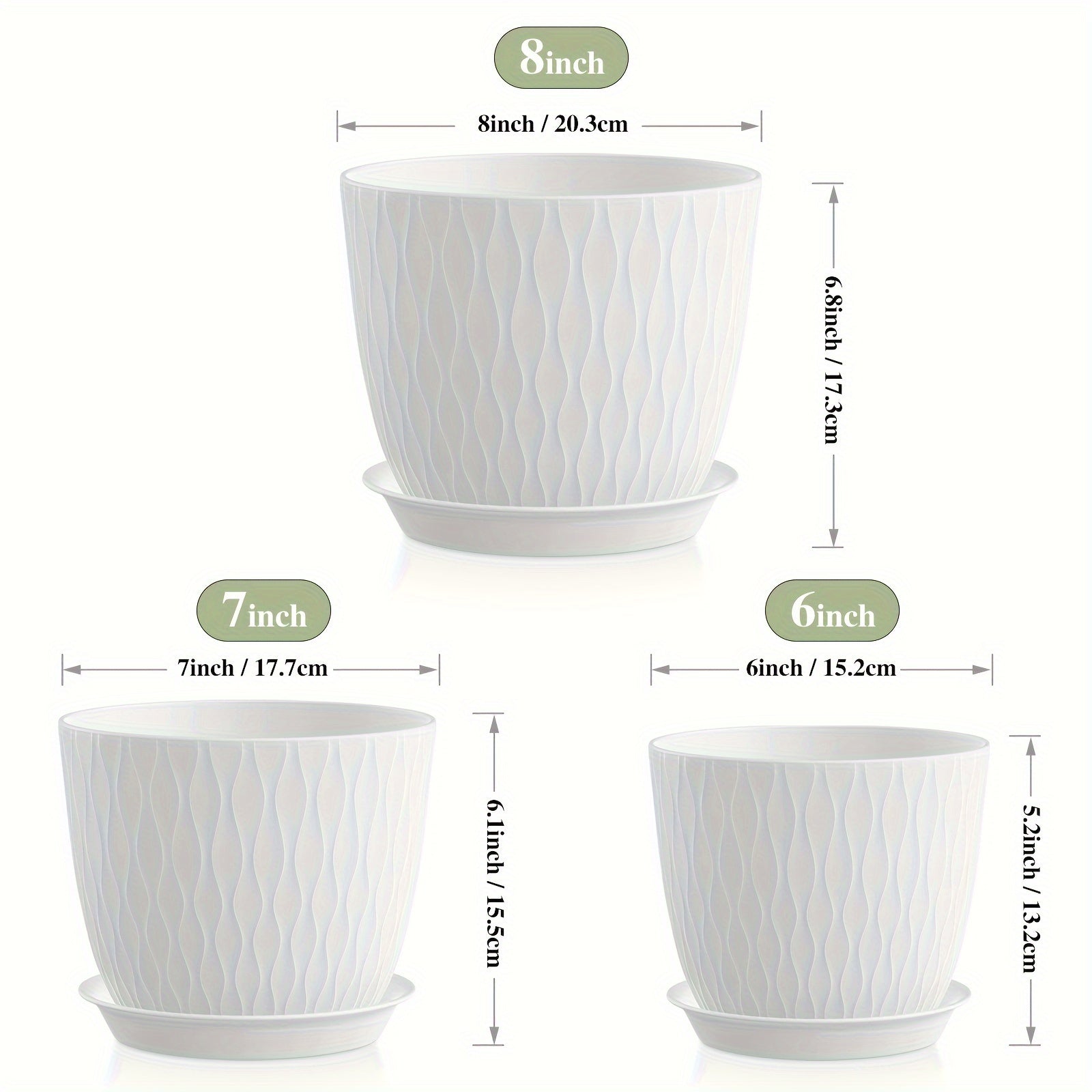 Set of Water Ripple Plastic Flower Pots with Drainage Holes for Indoor Outdoor Planting Large Medium Small