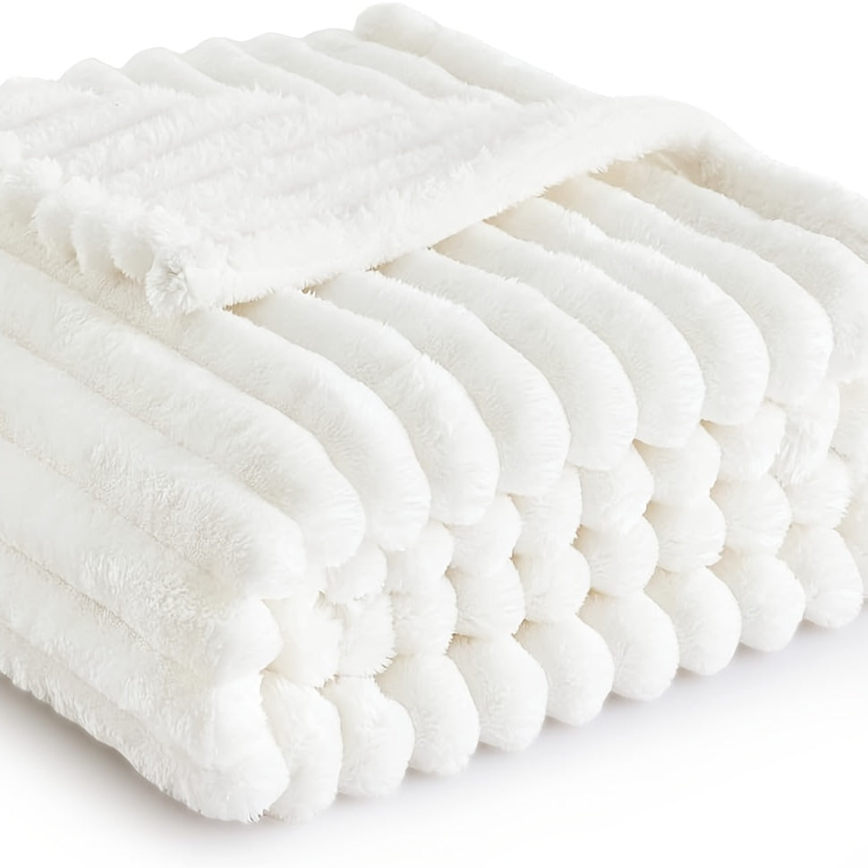 Lightweight Fleece Throw Blanket White Striped Cozy All-Season Bed Couch 100% Polyester