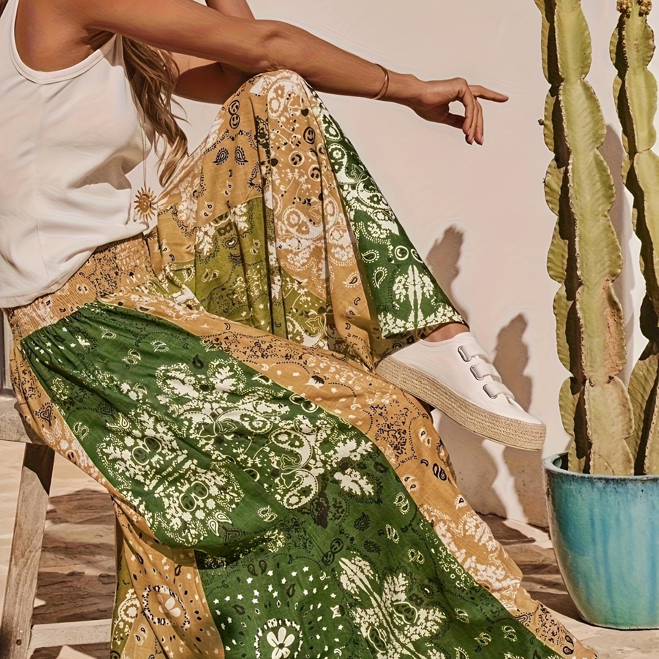 Women's Plus Size Floral Print Wide-Leg Pants with Elastic Waist Blue White Tropical