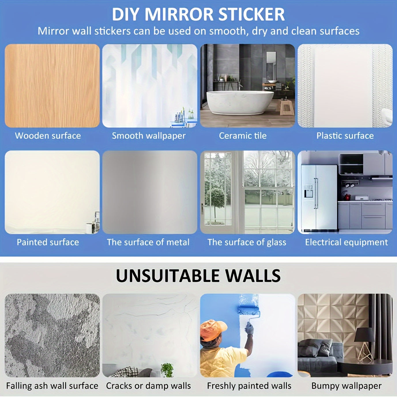 30x100cm Self-Adhesive Mirror Wall Sticker Roll with Glossy Surface for Bathroom Walls