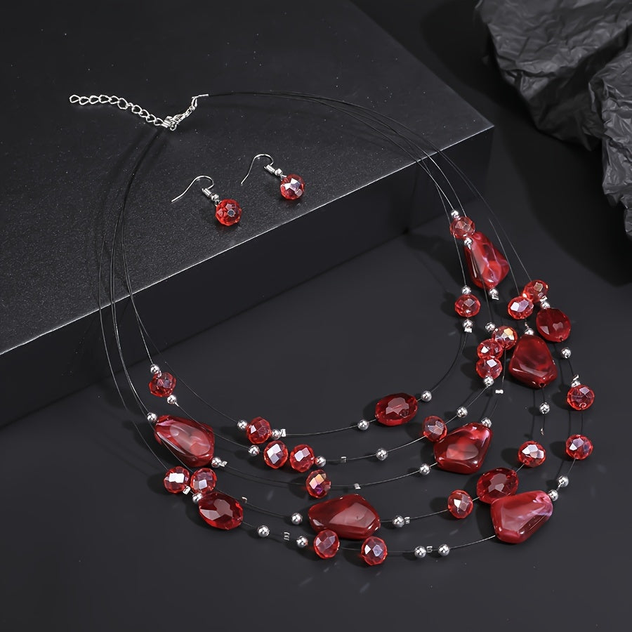 Boho Punk Jewelry Set Geometric Resin Beaded Necklace and Earrings for Women