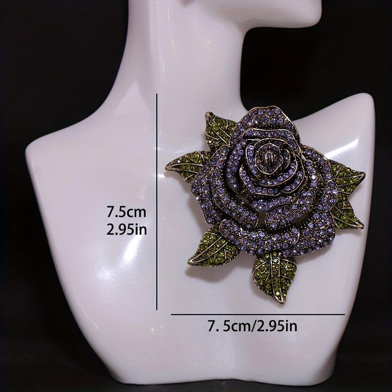 Elegant Green Leaf Rose Flower Brooch Pin with Rhinestones for Women