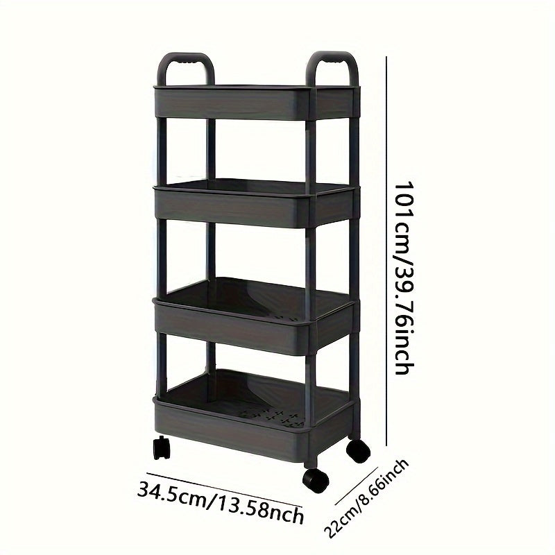 4-Tier Rolling Cart with Wheels and Lockable Casters for Kitchen and Bathroom Black Plastic Basket Included