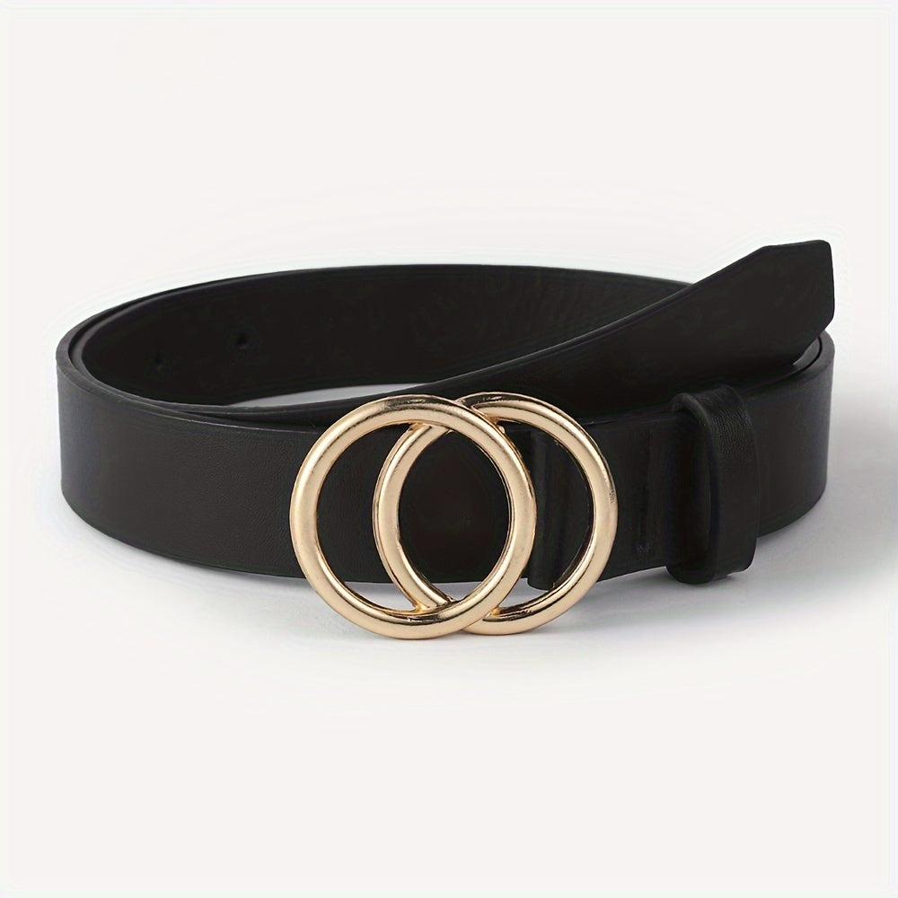 Women's Black PU Leather Belt with Double Circle Buckle for Casual Jeans