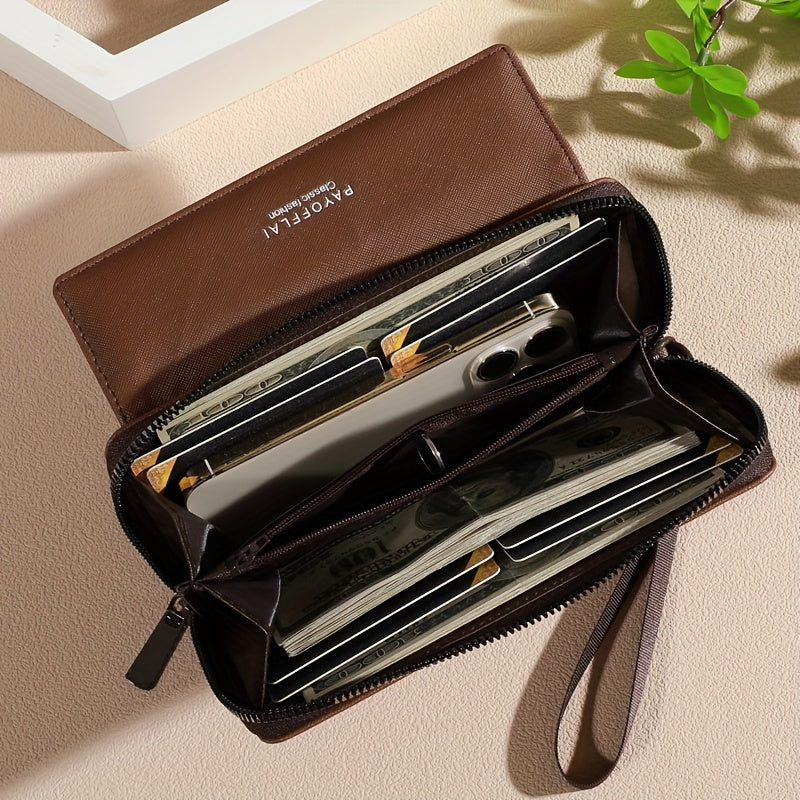 Vintage Women's Faux Leather Wallet with Wristlet Dual-Clasp Closure Zipper Card Slots Photo Pocket