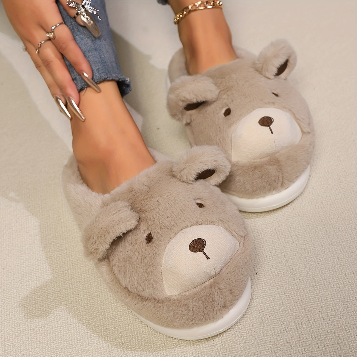 Women's Plush Bear Slippers All-Season Non-Slip Cozy Indoor Shoes