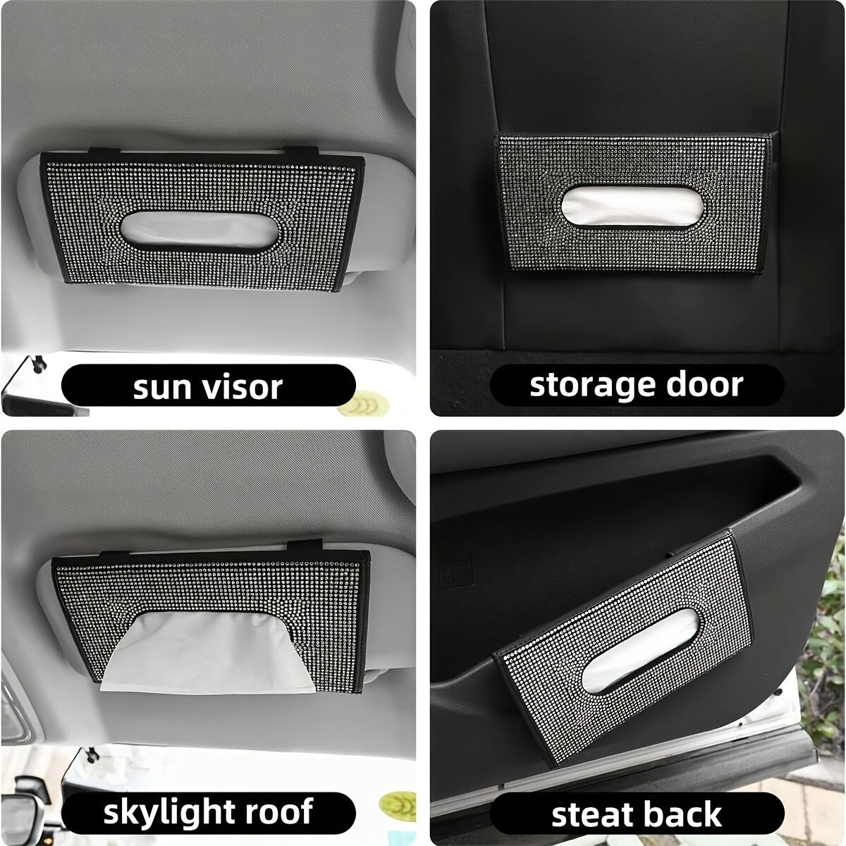 Car Tissue Box with Glitter Rhinestones and PU Leather for Car Sun Visor Storage