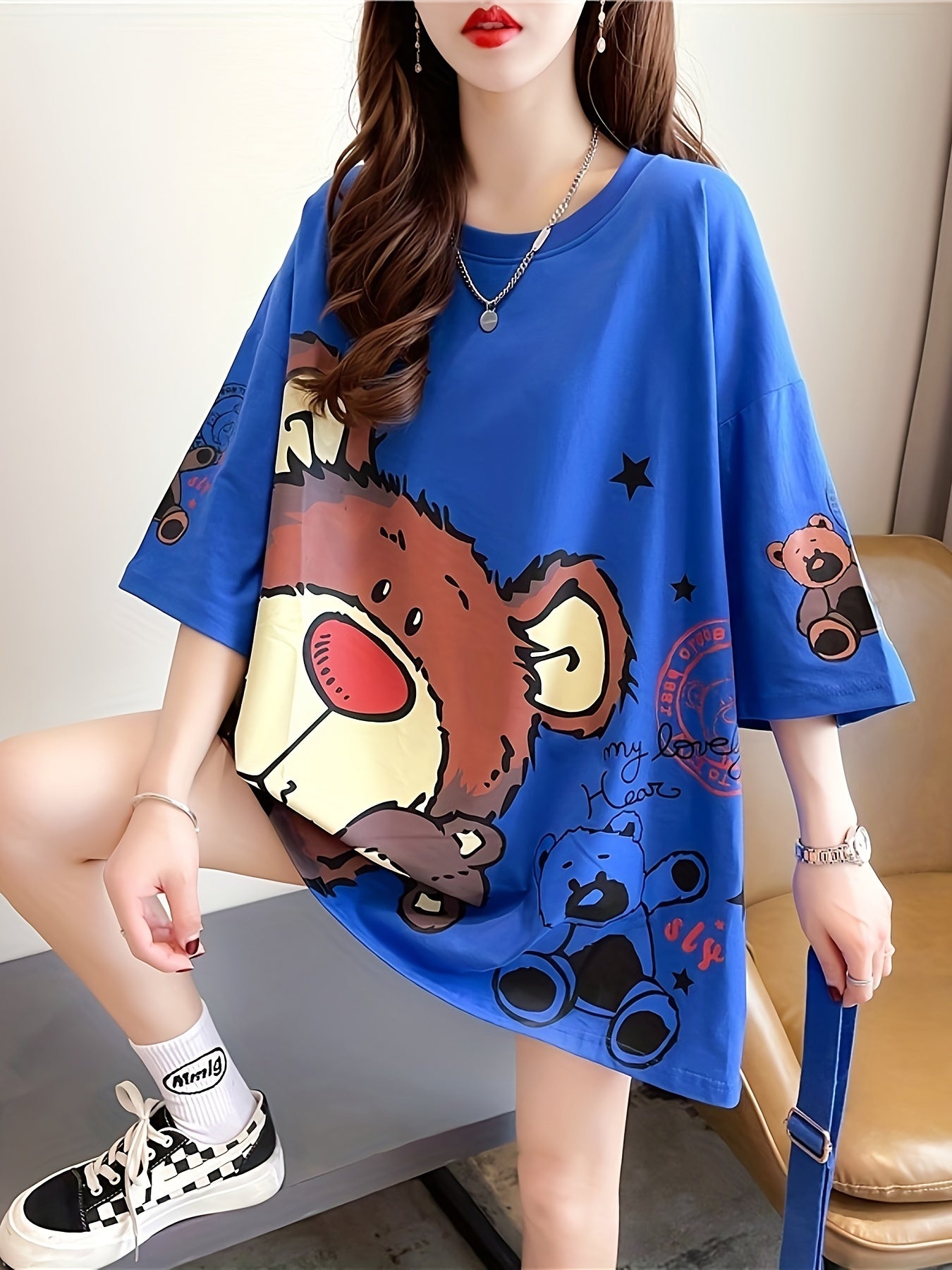 Plus Size Women's Casual T-Shirt with Cartoon Bear Print Polyester Blend Short Sleeve Spring Summer