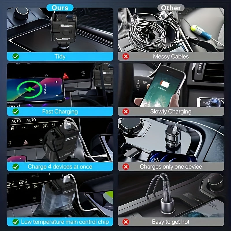 Cargador de coche retráctil con cable de 80cm, 66W, adaptador USB rápido 4 en 1