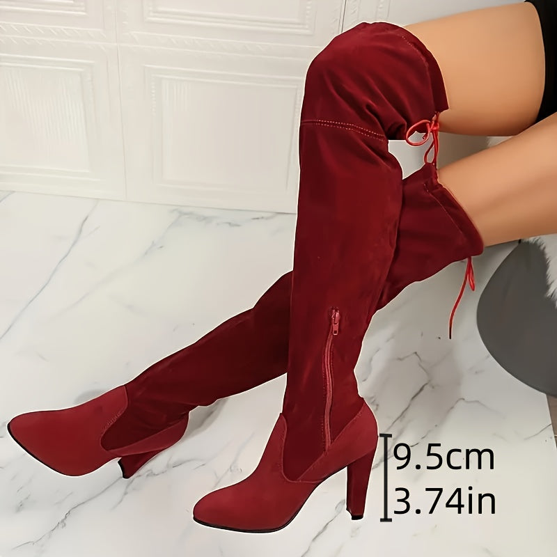 Women's Velvet Over-the-Knee Boots with Chunky Heel and Zipper