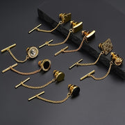 Set of 9 Men's Tie Pins with Chains and Clips in Black Silver and Gold