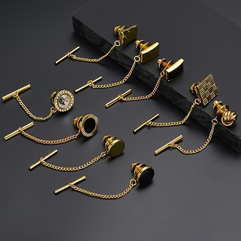 Set of 9 Men's Tie Pins with Chains and Clips in Black Silver and Gold