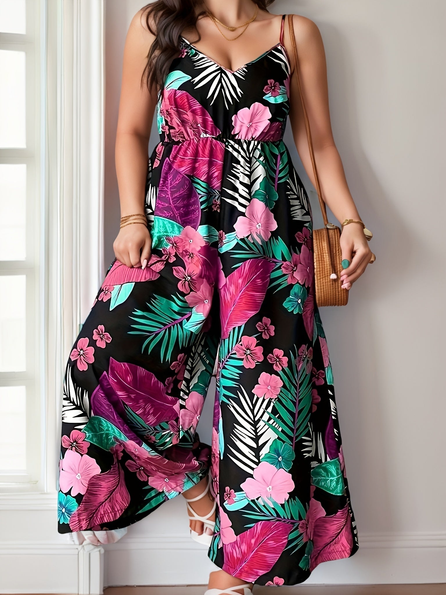 Plus Size Women's Tropical Print Backless Cami Jumpsuit Vacation Style