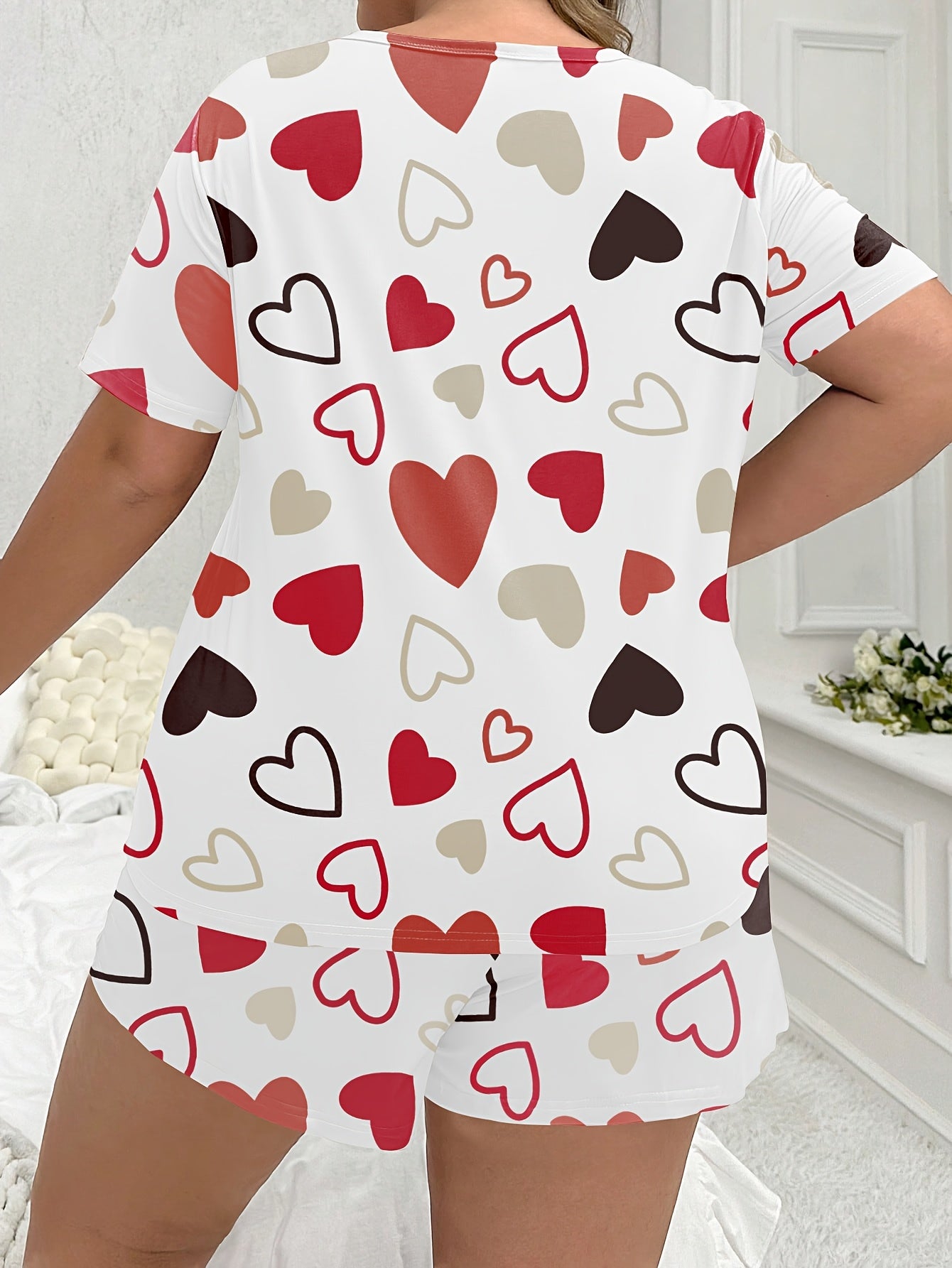 Women's Plus Size Heart Pattern Casual Shorts Pajama Set Polyester Knit