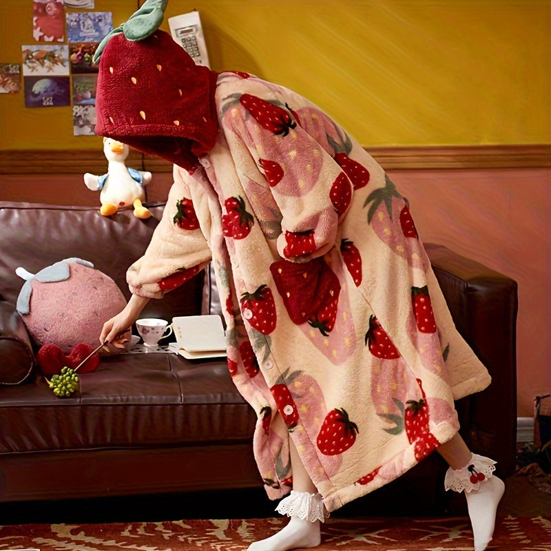 Bata de felpa de coral para mujer con estampado de fresa para otoño e invierno