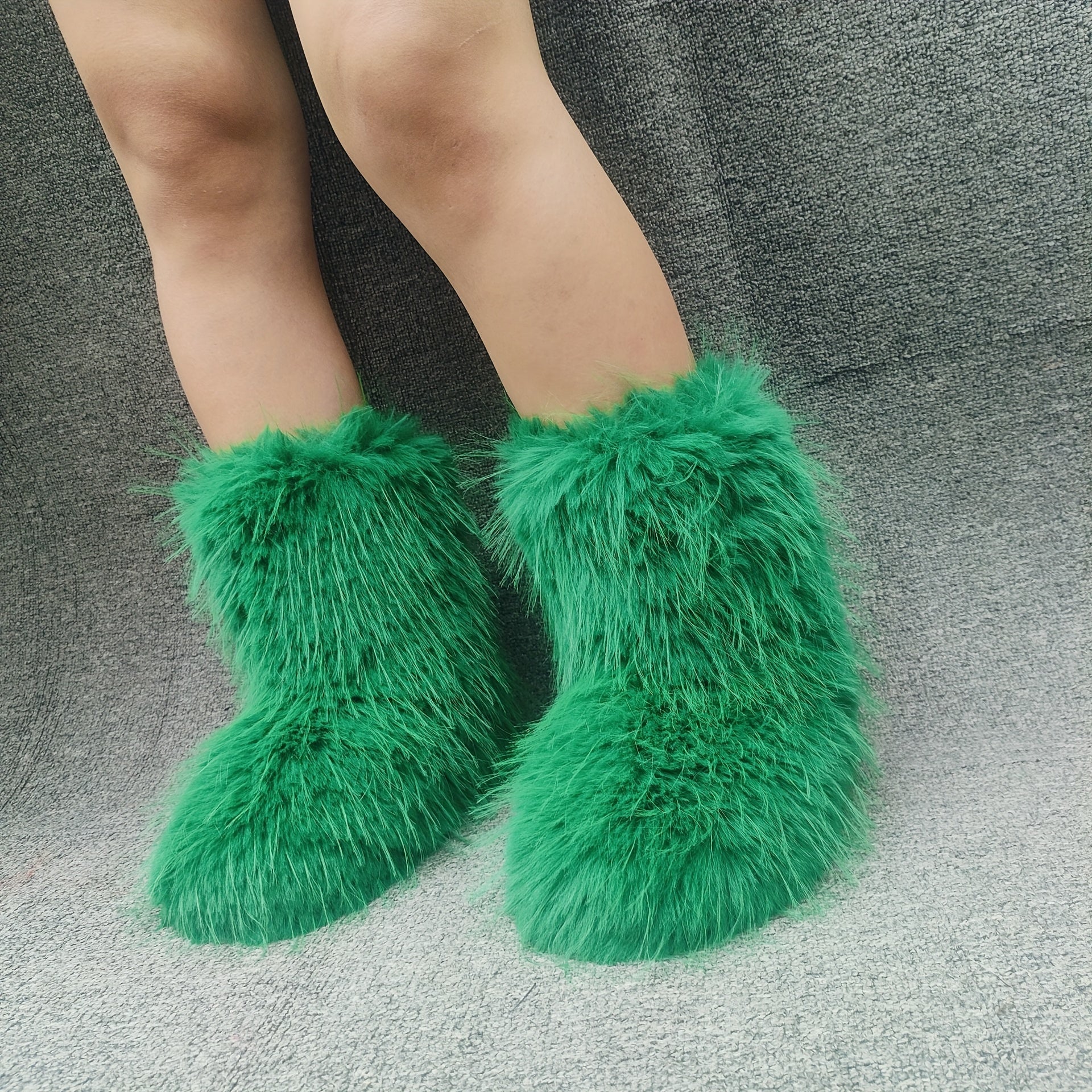 Women's Faux Fur Mid-Calf Snow Boots Warm Winter Slip-On Flat Shoes