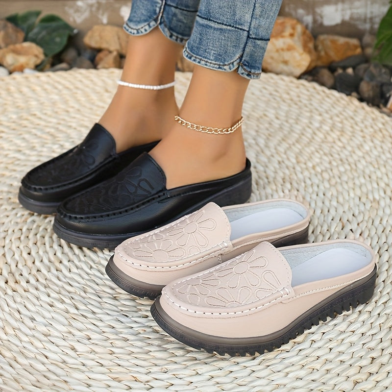 Women Solid Color Embroidered Mules Flat Shoes Non-Slip Comfortable